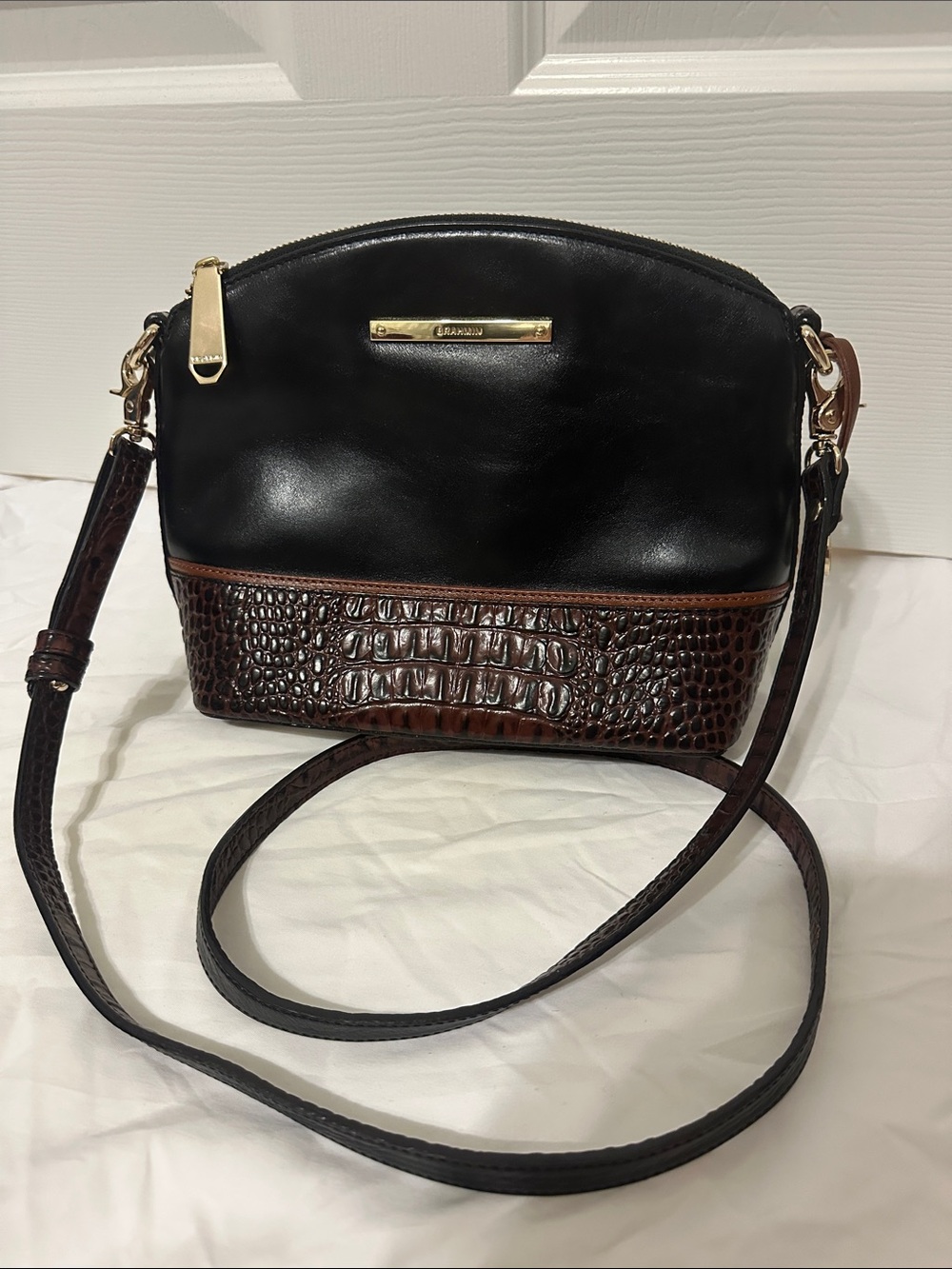 Brahmin Mini Duxbury Crossbody Black with Brown Croc-Embossed Leather